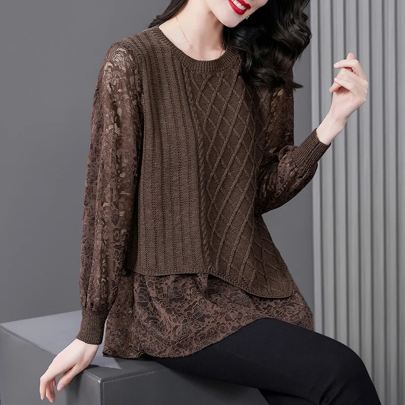 Chemisier faux col rond pour femme, chemise surdimensionnée en dentelle, à la mode, Patchwork, ourlet irrégulier, haute qualité, automne 2022, 2 pièces