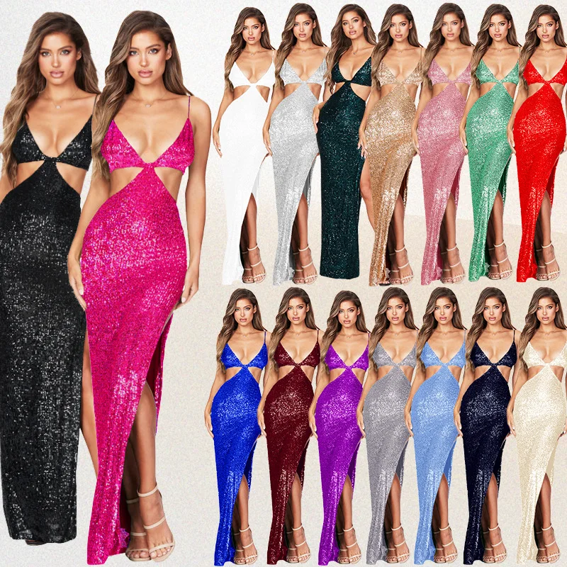 Womens Hollow Out Dresses For Formal Occasions Criss-Cross Long Dress Backless Split Sequined Elegant Party Evening Prom Dresses