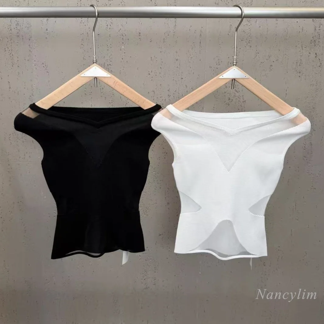 

2026 Summer New Arrival: Convertible Off-shoulder Cropped Knit Top - Crisscross, Sheer, Slim-fit, Sexy T-shirt for Women