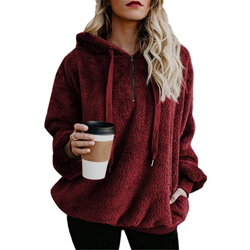 2024 Autumn and Winter New Women's Street Style Long-sleeved Zipper Hooded Solid Color Women's Sweater Sweater Thick Warm Jacket