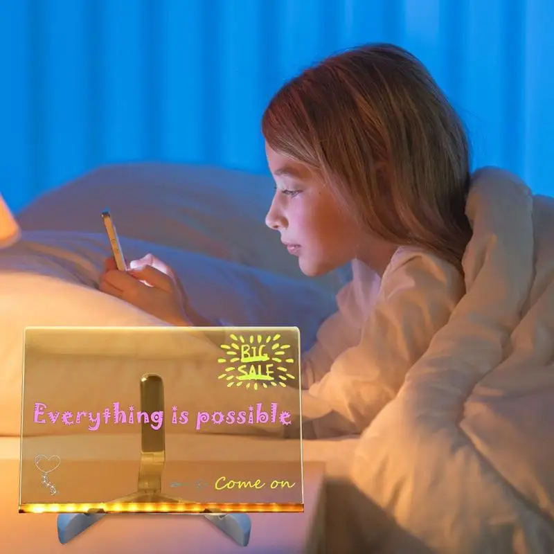 Acrylic Note Board Light Up Desktop Whiteboard Home Memo Tips Drawing Board LED Desk Memo Board With Stand For Kids Drawing