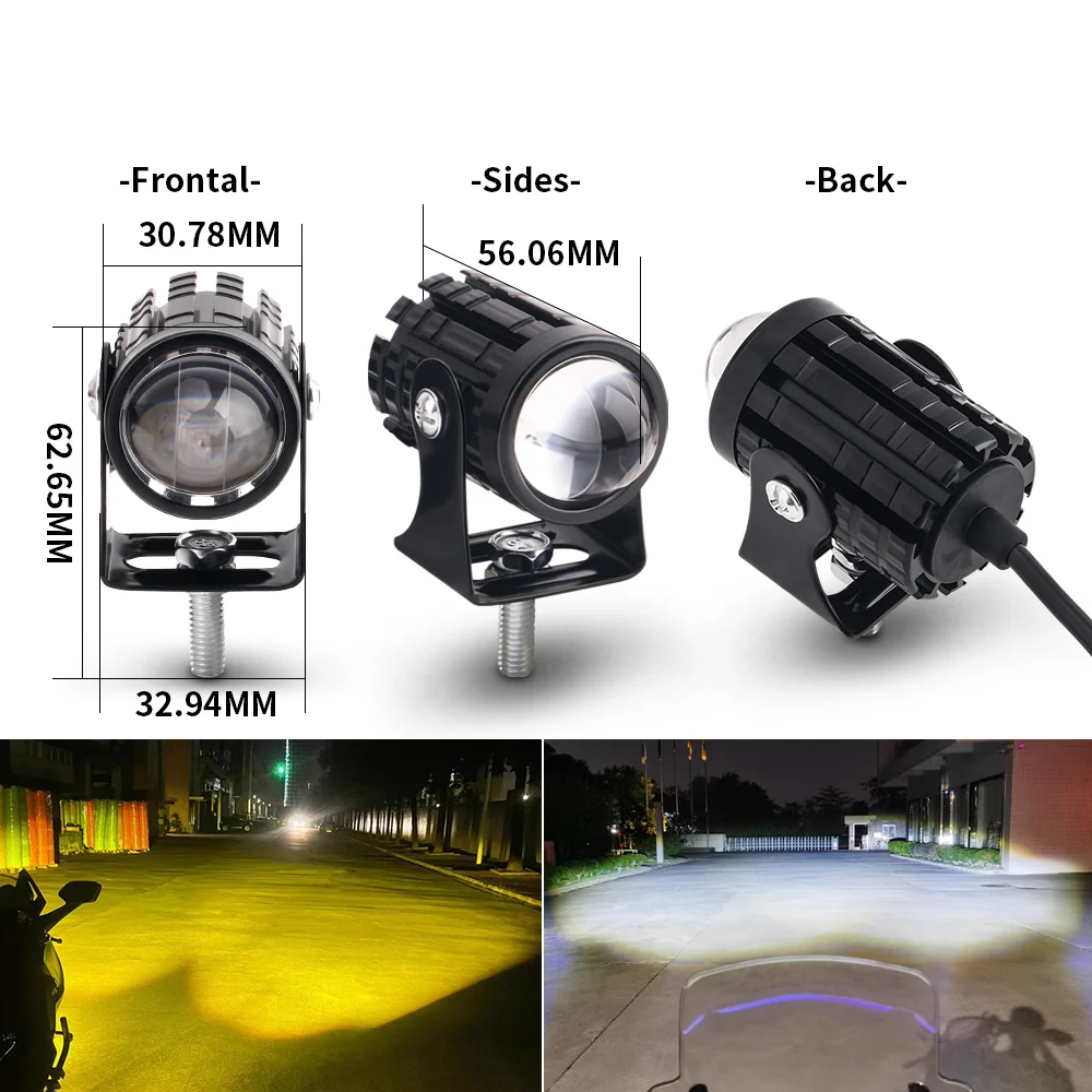 Lampu sorot LED sepeda motor Universal, 2 buah lampu depan proyektor lensa dua warna ATV skuter mengemudi lampu kabut tambahan lampu sorot