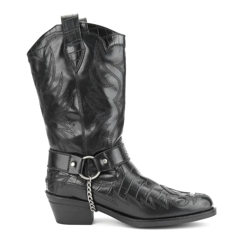 Men Western Cowboy Boots Designer Crocodile Pattern Mid-calf Boot Metal Buckle Chain Design Men Boots Trendy Street Knight Boots