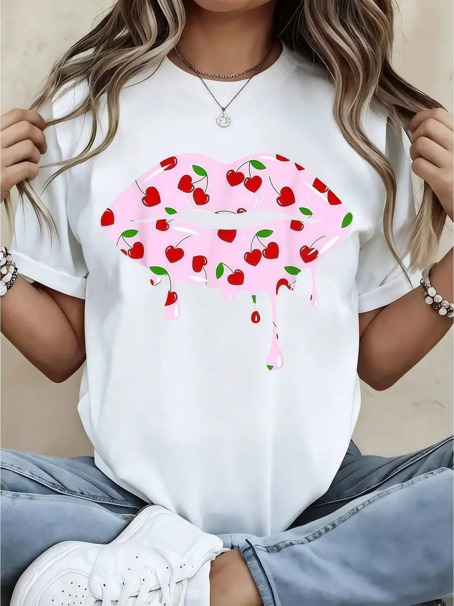 Women White Crew Neck Short Sleeve T‑Shirt Cherry Lips Print Casual Knit Fabric Summer Basic Tee Top 1Pc