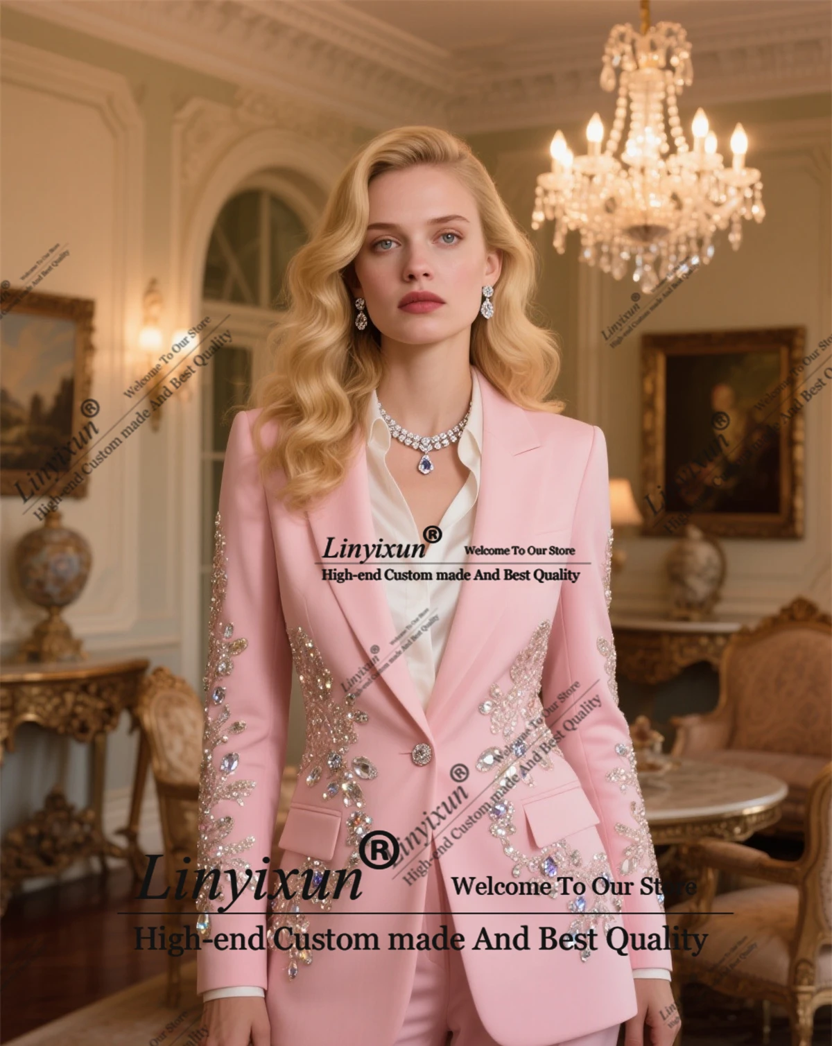 

Luxury Women's Suit 2-Pieces Jacket+Pants Slim Fit Diamond crystal Elegent Womens Clothing Pant Set tailleur femm Customized