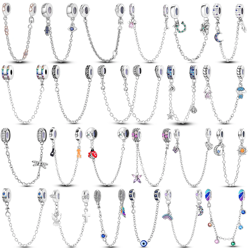 Silver Plated Safety Chains Rainbow Lucky Unicorn Chains Fit Original Pandora Charm Beads Pendent Dangle Bracelet DIY Women Gift