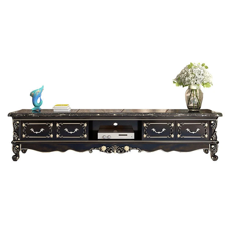 

Modern luxury European TV cabinet with 6 drawers, solid wood and marble countertops, ebony engraving, antique style