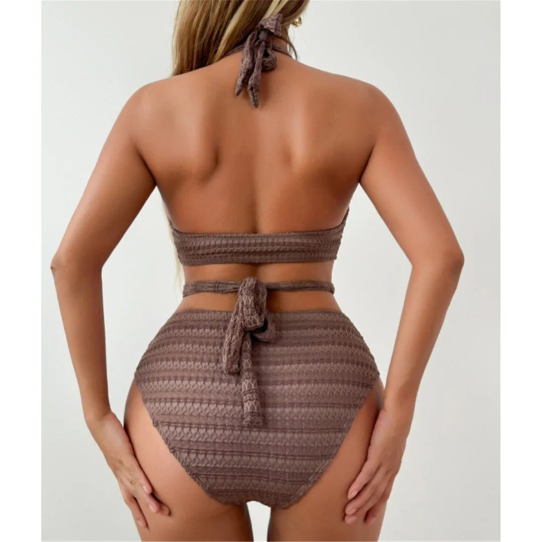 S - XL Neuer, geraffter Neckholder-Badeanzug für Damen, Bikini mit hoher Taille, zweiteiliger Bikini-Set, Badebekleidung, Badeanzug, Schwimmbekleidung V7481 – Detail 7