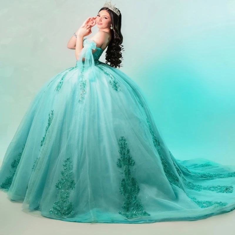 Vert brillant Quinceanera robes hors De l'épaule paillettes appliques dentelle perles tulle fête anniversaire doux 16 robe robes 15 De