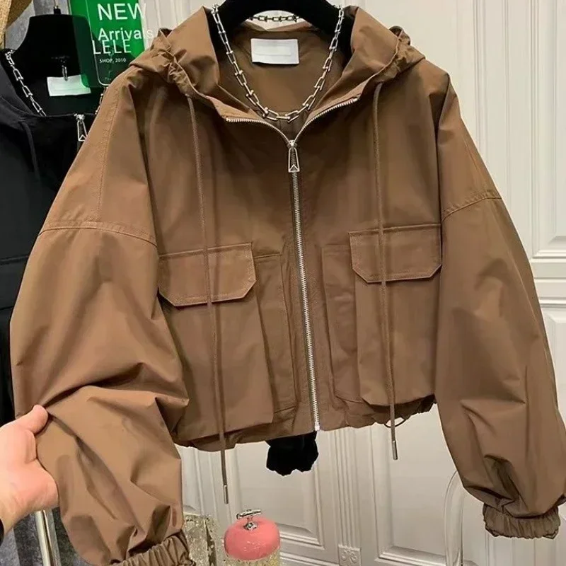 Jaket crop Harajuku bergaya Korea wanita, jaket penahan angin bertudung, mantel musim gugur Vintage pakaian jalanan Y2k