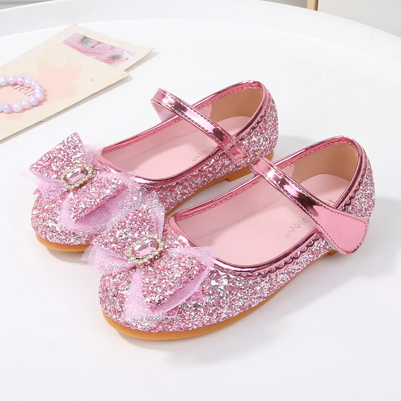 

Весенне-осенние новые балетки для девочек, детская кожаная обувь принцессы с блестками, модная детская праздничная обувь на плоской подошве с бантом и стразами