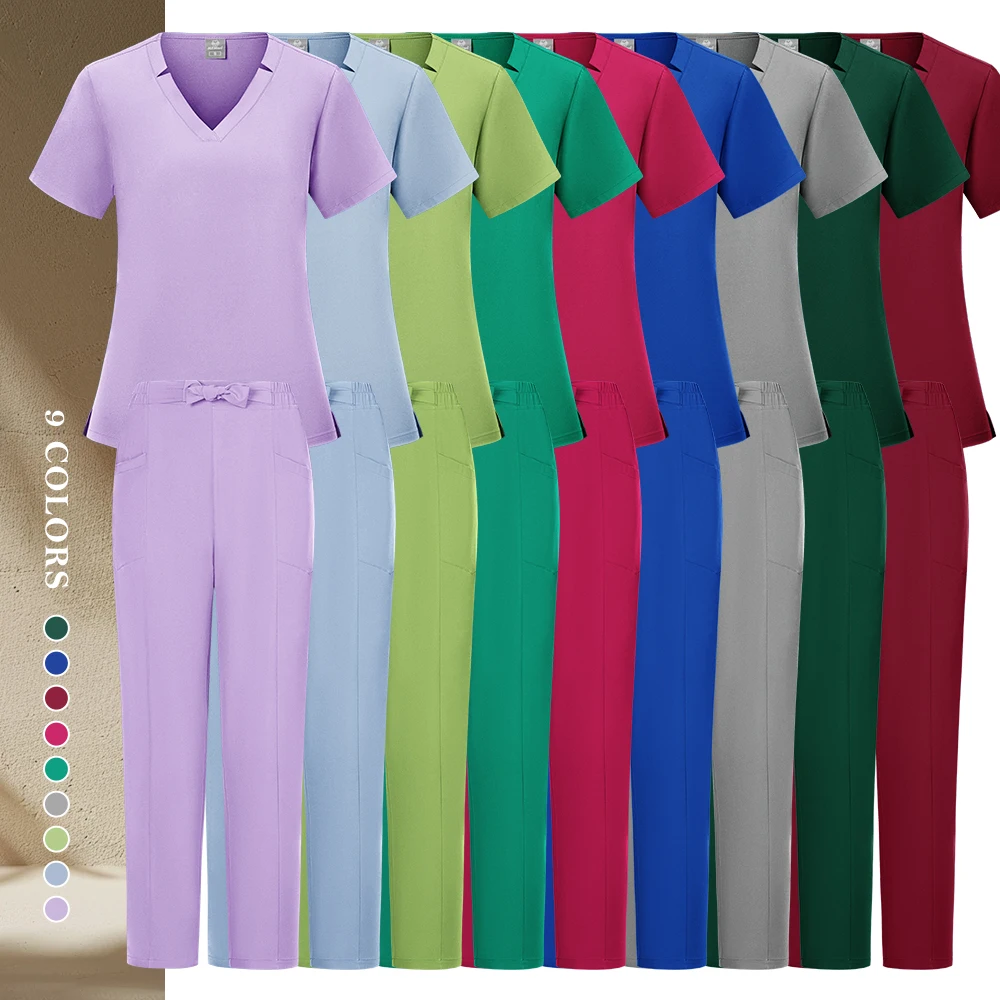 Nova moda com decote em v conjunto de roupas de trabalho de enfermeira feminino hospital médico manga curta uniforme de cirurgia dentária oral médico esfrega conjuntos