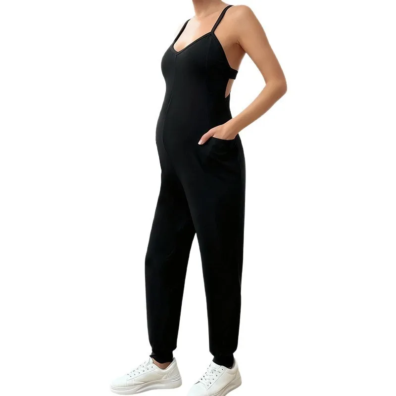 Maternity Clothing Cami Jumpsuit Summer Backless V Neck Butt Lifting Jogger Pants with Pockets High Stretch Pregnant Women S-XL