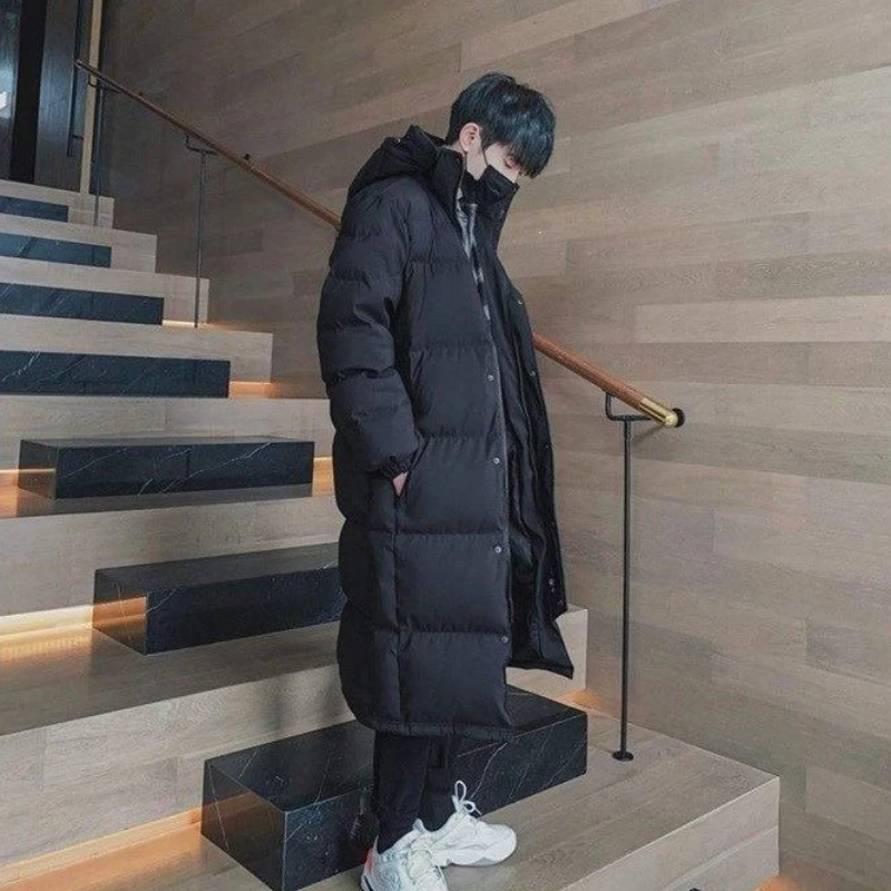 

Мужской длинный пуховик с капюшоном, корейский стиль, приталенное зимнее пальто для студентов, толстая подкладка и теплое