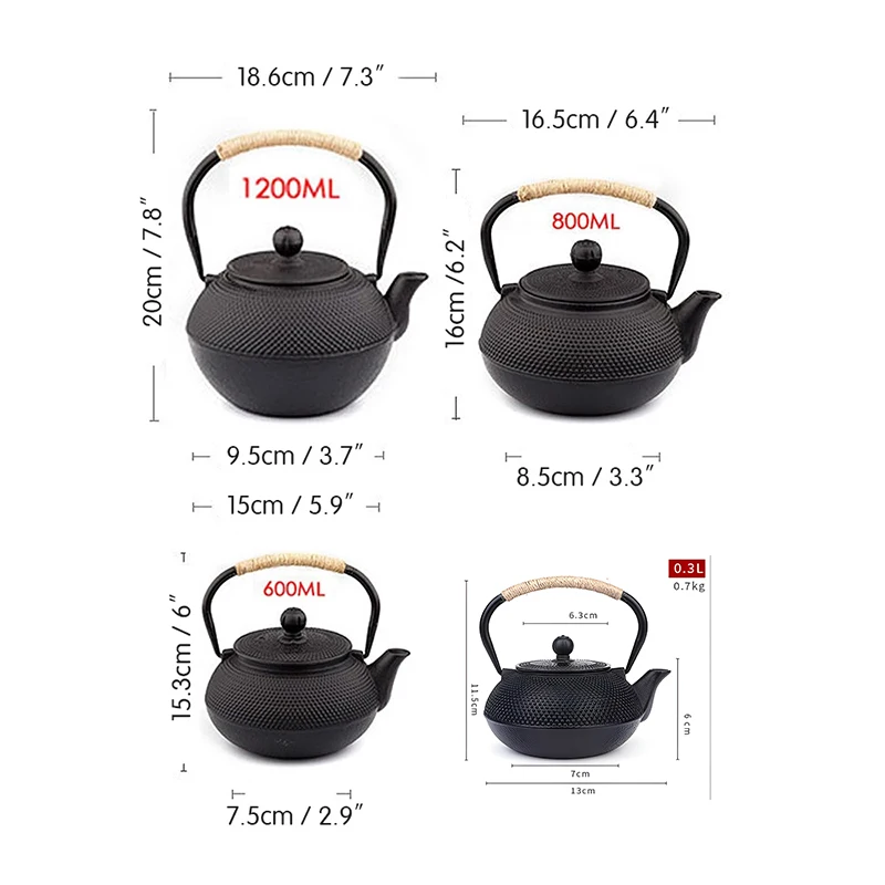 300/1200ml Black Japanese Cast Iron Teapot Iron Kettle Tetsubin Teapot Comes with Strainer Flower Tea Set Decoration Ornament