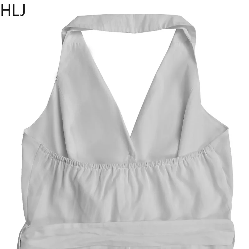 HLJ Casual Halter Sleeveless Backless Jumpsuit Woman Solid Color Bandage Patchwork Rompers Elegant Female Office Overalls New