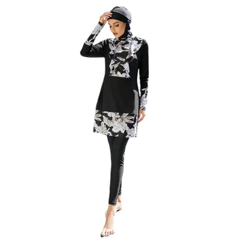 Big Flowers Printed Black Patchwork Islamic Muslim Swimwear for Women Ladies Modest Burkinis With Hijab Ruffles Fashion Elegant