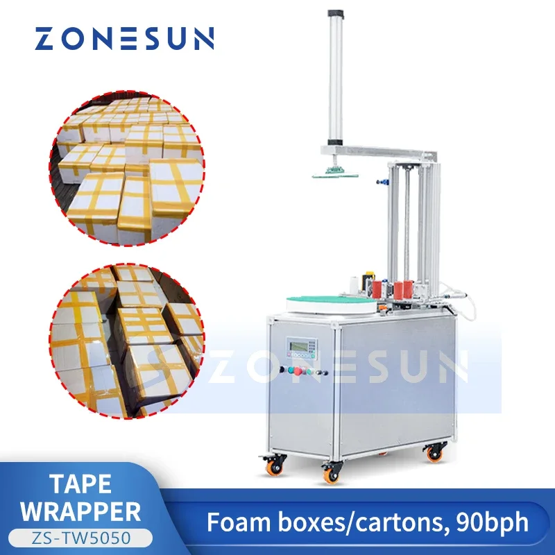 ZONESUN Automatic Tape Wrapping Machine Styrofoam Shipping Box Foam Coolers Cold Chain Food Containers Packing ZS-TW5050