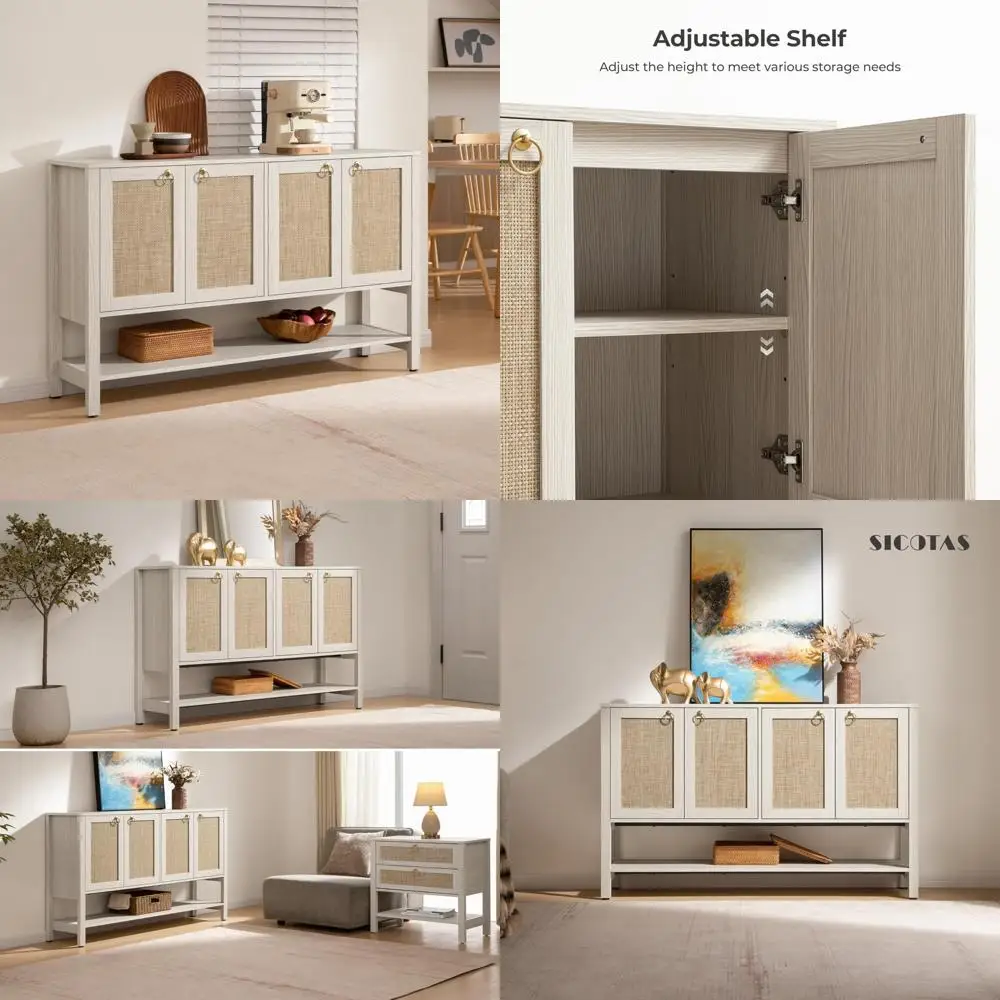 large open storage rattan buffet cabinet with 4 doors and adjustable shelves - boho style