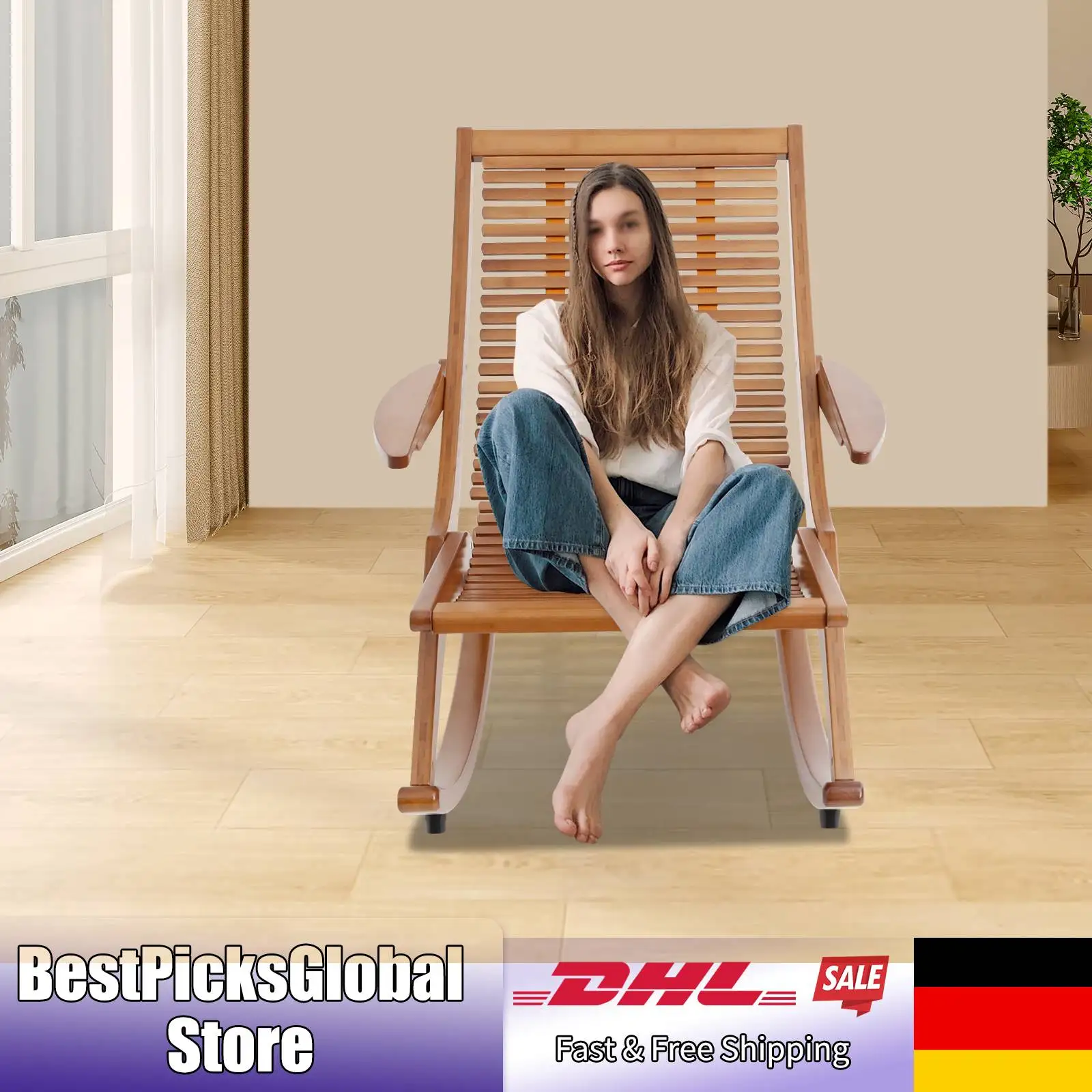 Schaukelstuhl, 330 Pfund belastbar, bequeme klassische Bambus-Sonnenliege mit Armlehne und Fußpolstern für Balkone, Terrassen, Braun