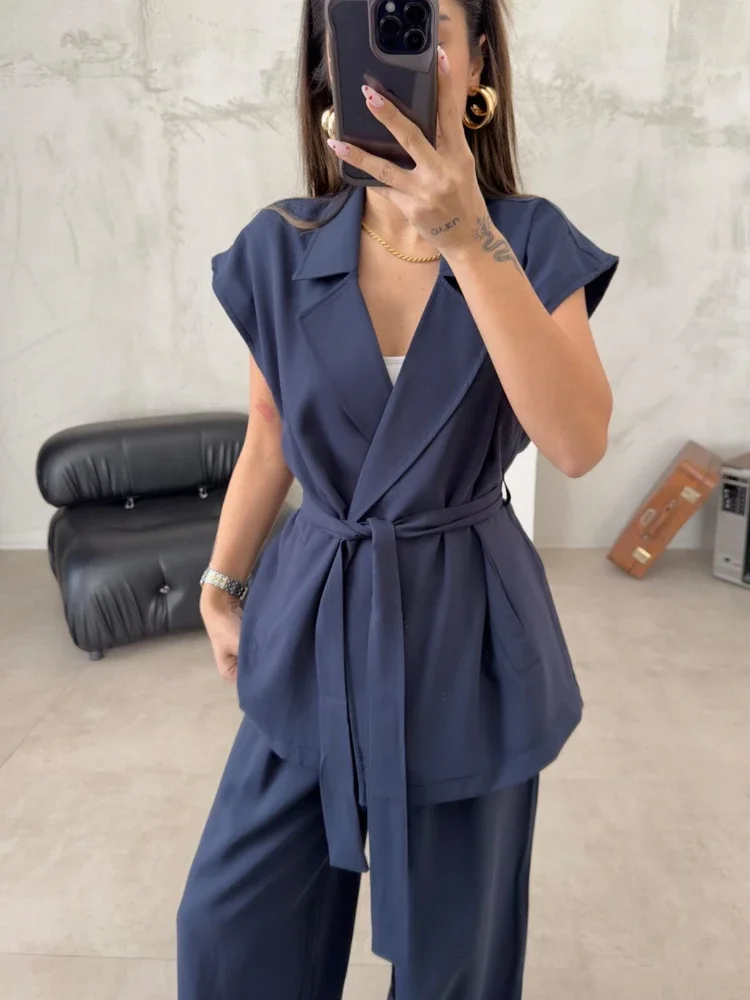 Spring Summer Office Lady Fashion Elegance Solid Color Turn Down Collar Belt Sleeveless Vest+High Waist Wide Leg Long Pants