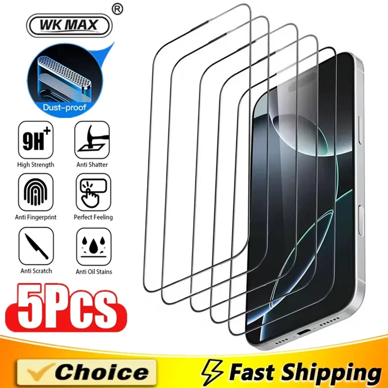 

5Pcs Full Cover Dust Proof Screen Protector For iPhone 16 14 13 12 11 15 Pro Max HD Tempered Glass For iPhone 17 PRO XR X XS MAX