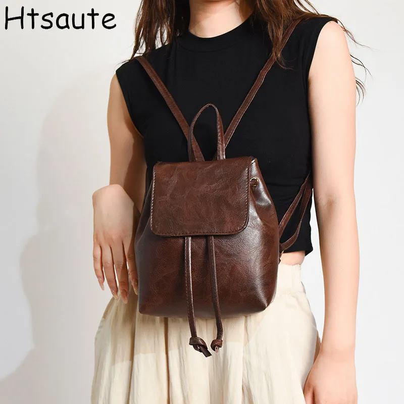 حقائب ظهر صغيرة كاجوال للنساء حقيبة مدرسية كلاسيكية بمقبض علوي من جلد البولي يوريثان بلون سادة حقيبة ظهر كاجوال بسيطة للسفر