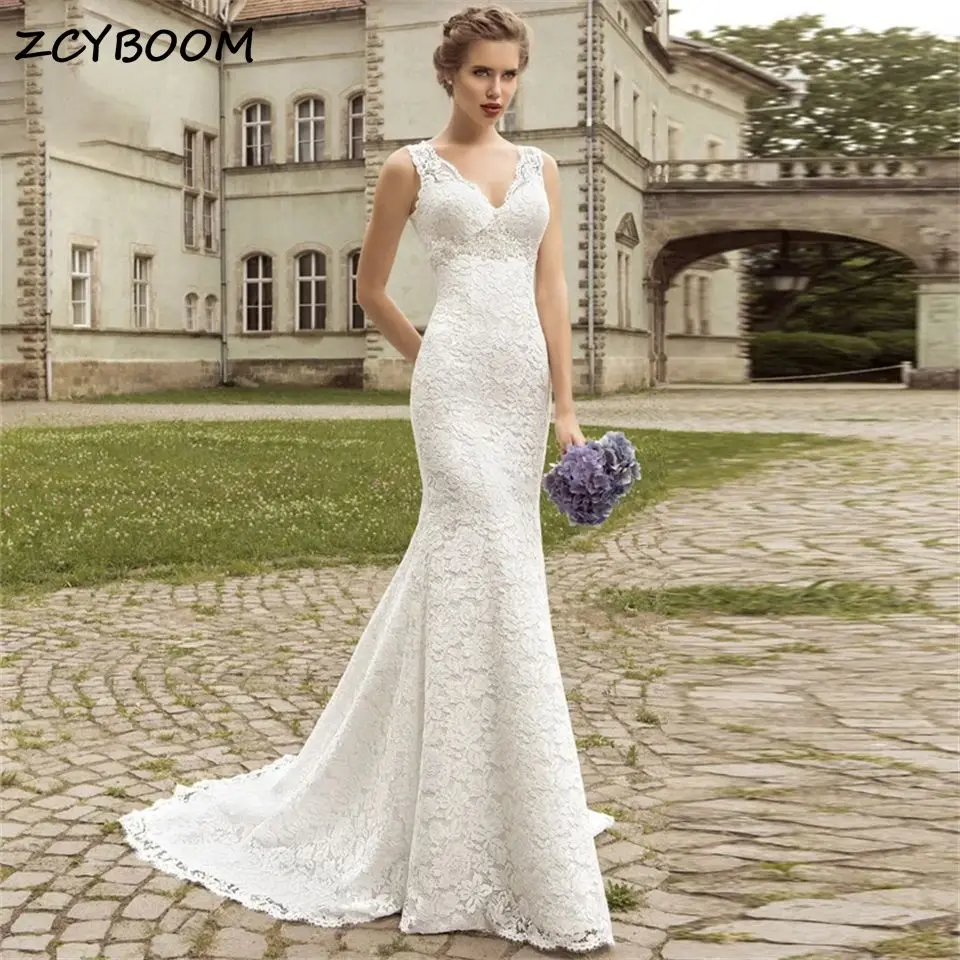 Elegant V-Neck Spaghetti Strap Lace Mermaid Simple Wedding Dress For Women 2025 Court Train Bridal Gown Vestido De Noiva