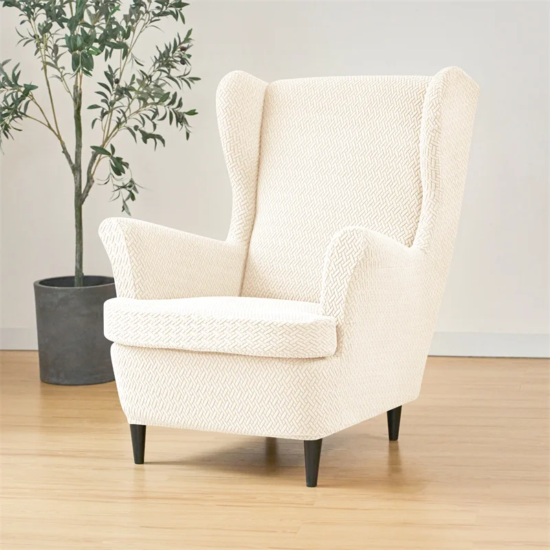 2pcs/set Elastic Wing Chair Cover Solid Color Armchair Slipcover with Seat Cushion Stretch Sofa Cover for Living Room Office