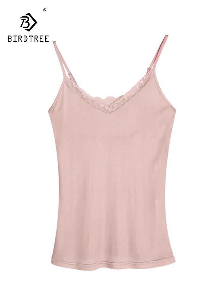 

BirdTree, 30%Natural Silk Elegant Knit Camisole, Women Sleeveless Lace, Sexy Slim Bottom Tank Top, 2024 Summer Autumn T48730QC