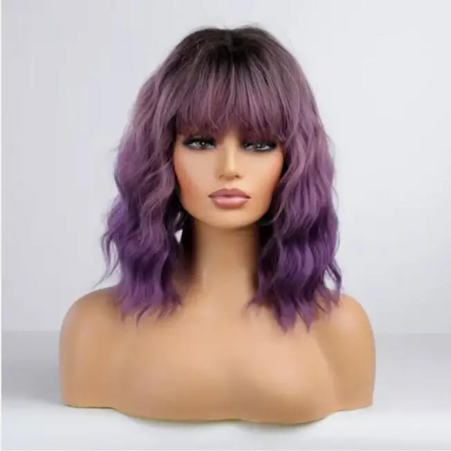 Hair Wigs with Bangs for Women Black Roots Purple Ombre Short Wave