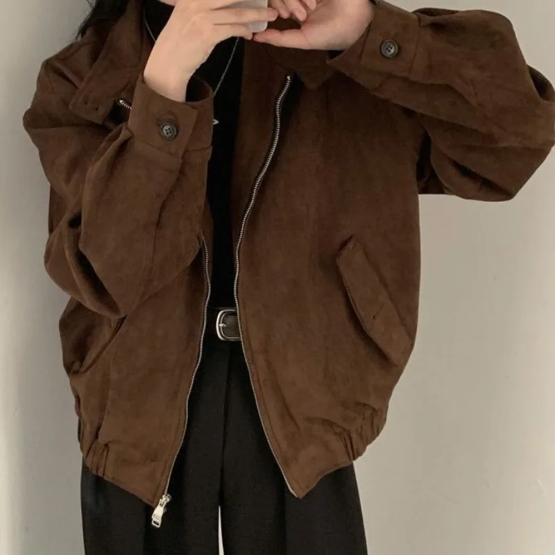 Brown Loose Fit Faux Suede Jacket Women Retro American Style Stand Collar Spring Autumn 2024 New Arrival Winter Clothes Women