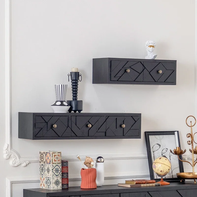 

French Small Wall-mounted Cabinet Black Bedroom Storage Shelf Wooden Organizer Storage Drawers Black