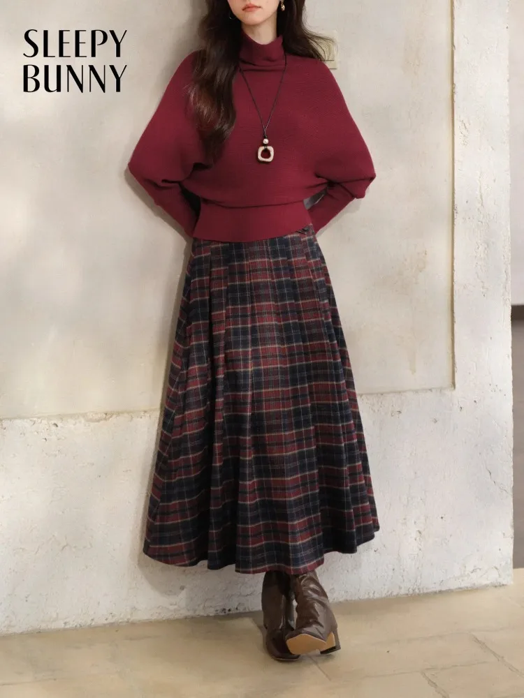 Vintage Plaid Pleated Long Skirt Women Lady High Waist A-Line Midi Skirt Preppy Elegant Winter Casual Daily Wear Style Outfit
