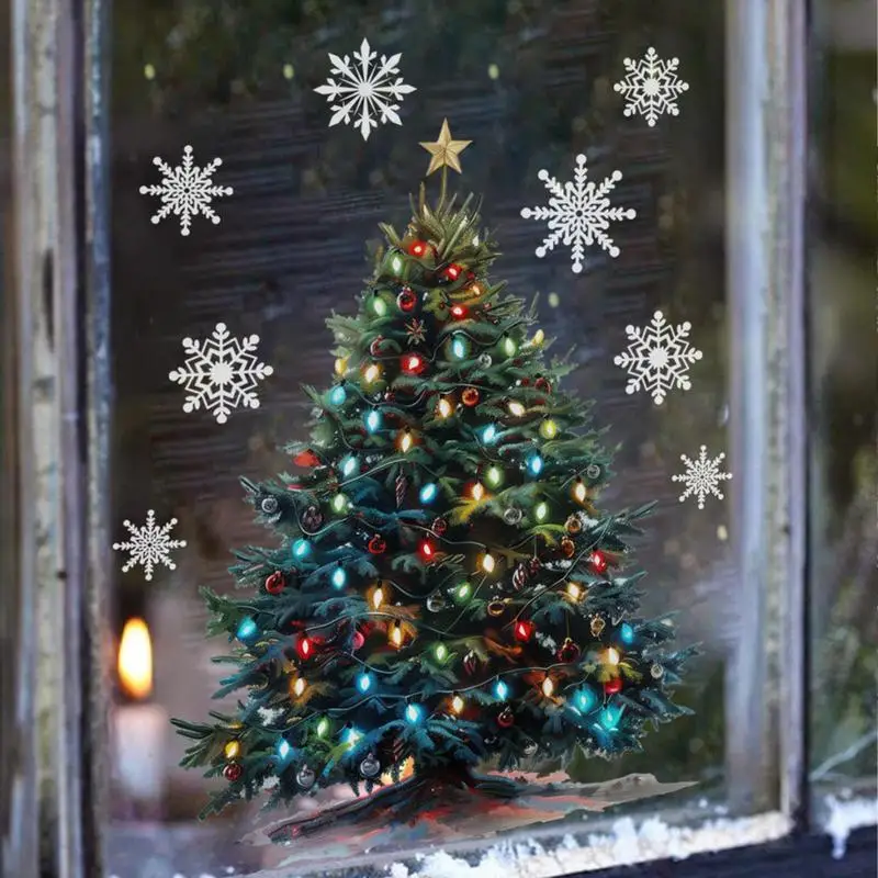 Christmas Window Decals Christmas Tree Window Clings Glass Window Stickers Adhesive Double-Sided Static Window Decal For