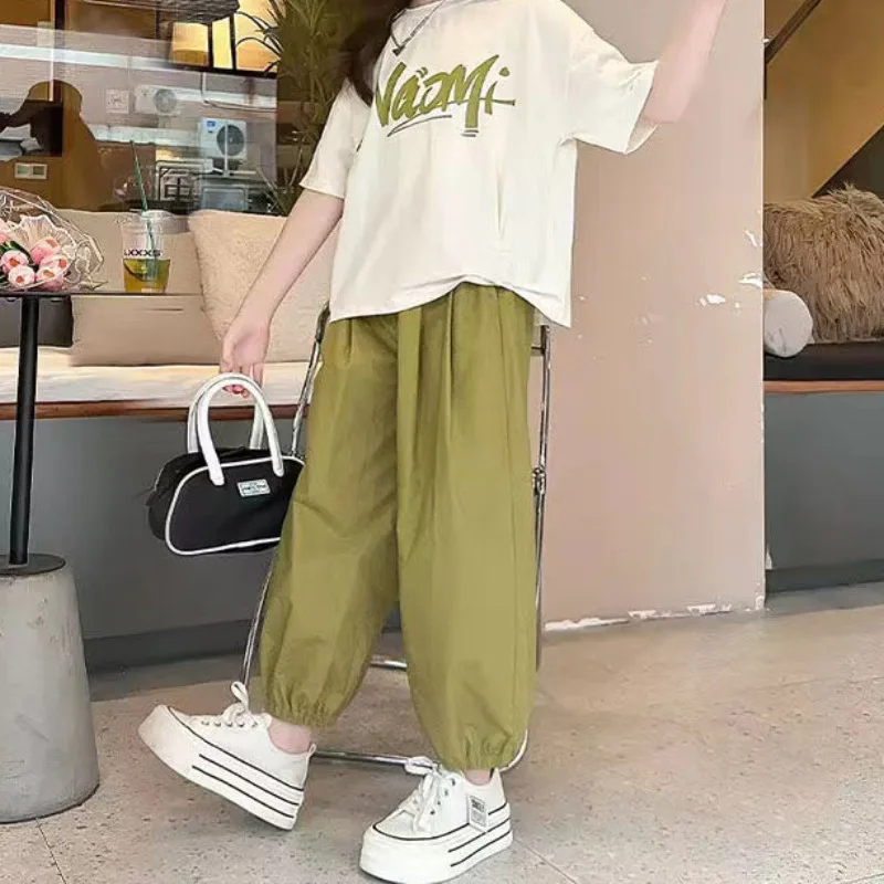 2024 summer Child set Clothes Girls tracksuit letter t shirt + green Sport Ankle-tied pants Kid Teenager 5 6 7 8 9 10 11 12 year