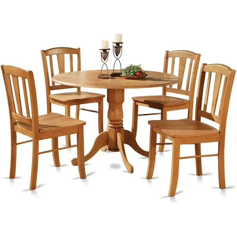 Dublin 5 Piece Kitchen Set for 4 Includes a Round Room Table with Dropleaf and 4 Dining Chairs, 42x42 Inch, Oak