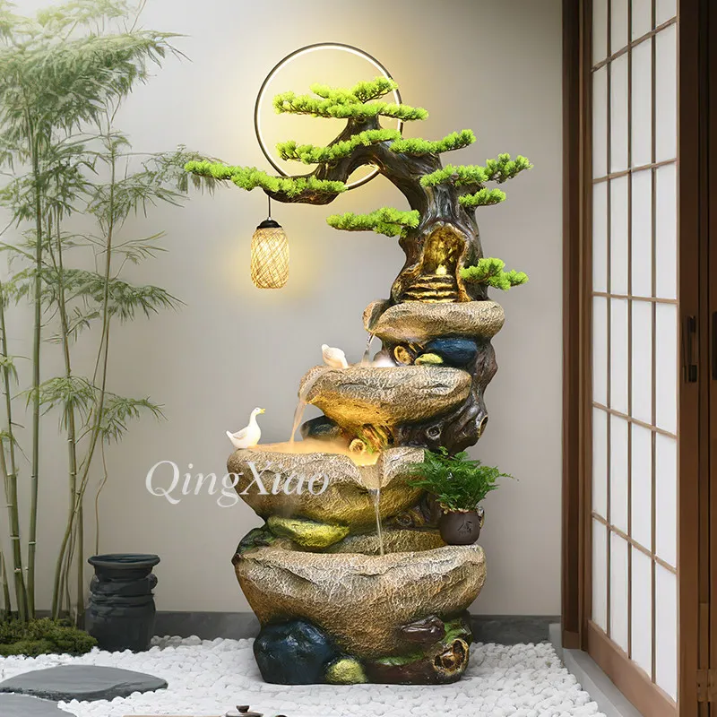 New Chinese Style Rockery Water Fountain Ornament, Pine Tree Decor Cascading Water Feature for Tea Room Shop Lobby Space Decor