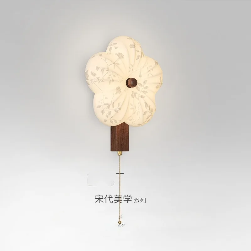 Oriental Aesthetics Wall Lamps Flower Shape Textile Crafts LED Wall Light Bedroom Bedhead Corridor Study Living Room Decoration