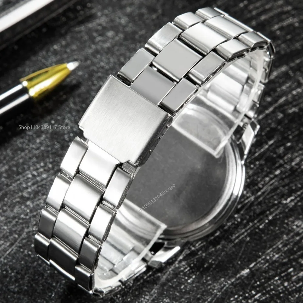 ساعات يد فاخرة للرجال، ساعة كوارتز تناظرية عصرية بحزام من الفولاذ المقاوم للصدأ، ساعة رجالية كاجوال بسوار رقمي