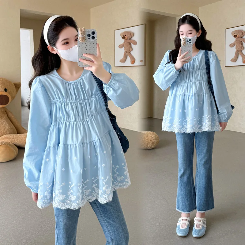 الحلو الدانتيل تقليم الحمل بلوزة الخريف فلوي بيتر بان طوق أعلى المؤنث شيك قميص أمومة مريحة أنيقة ملابس الأم