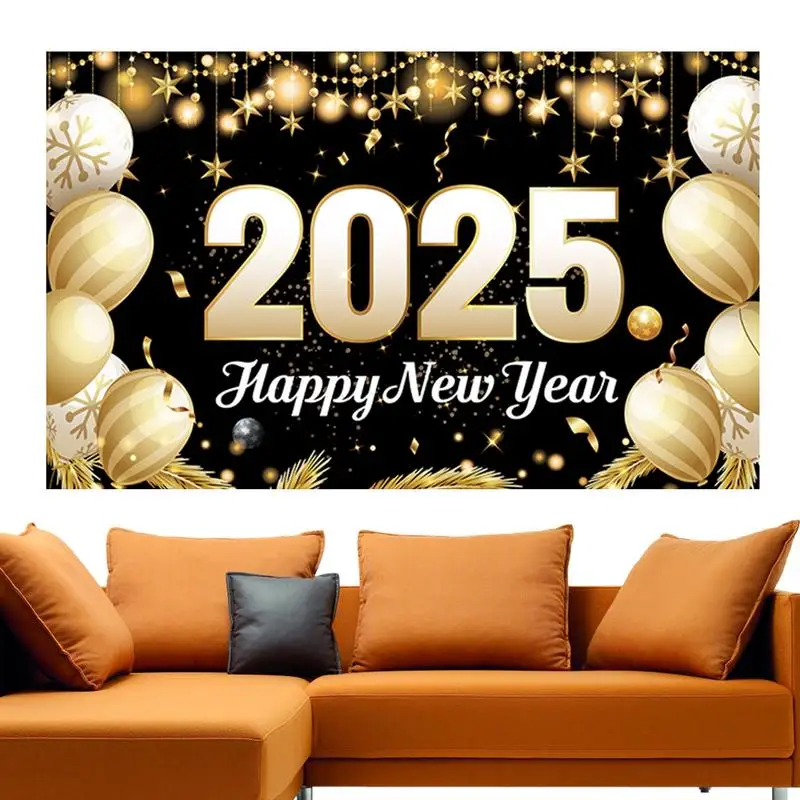 New Year Eve Backdrop Decorations 2025 Banner Black And Gold Balloon Theme 70 X43 Inches New Year Parties Decoration