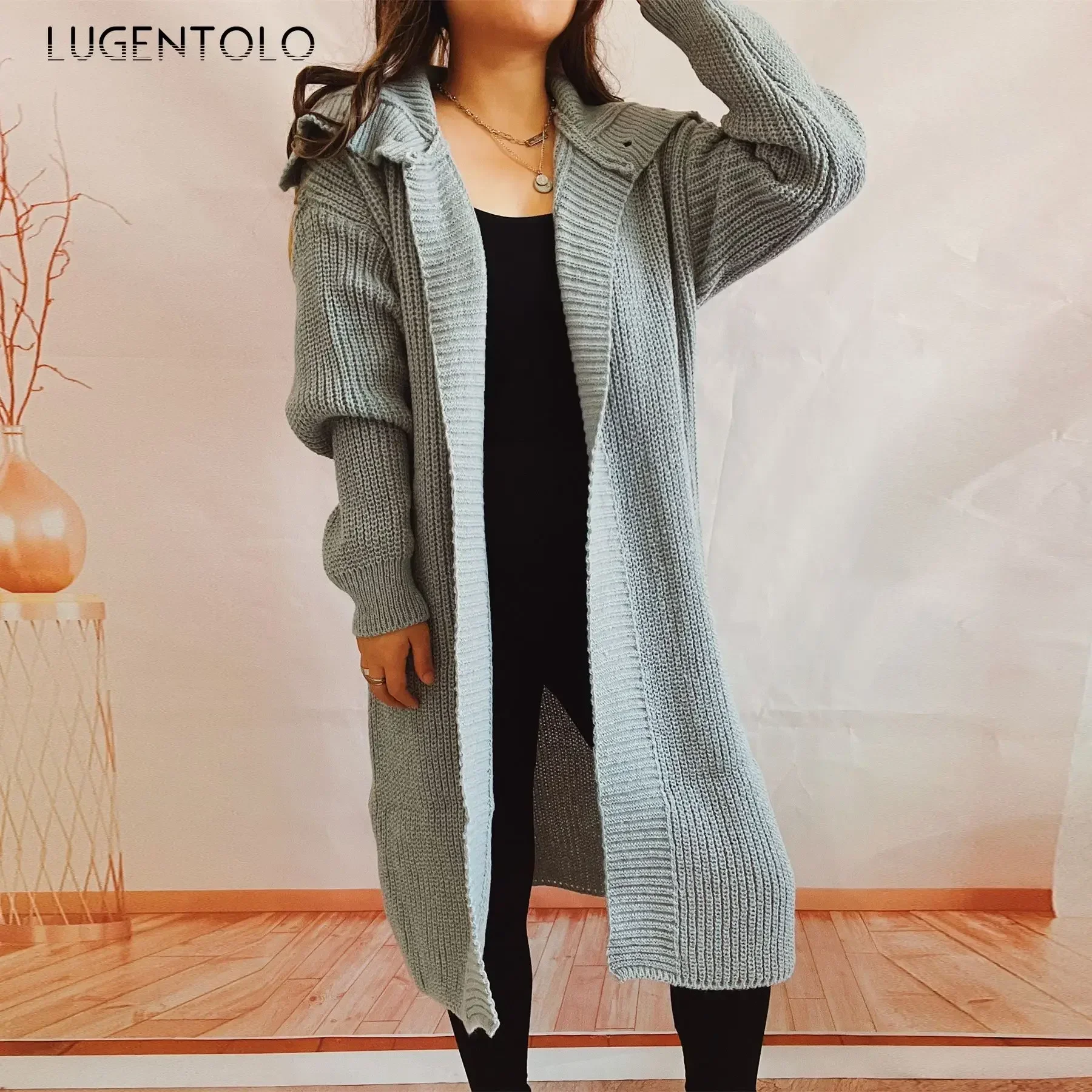 Women New Knitted Sweater Turtlneck Loose Autumn Winter Solid Lapel Lady Casual Three Buttons Cardigan Long Cloth Lugentolo