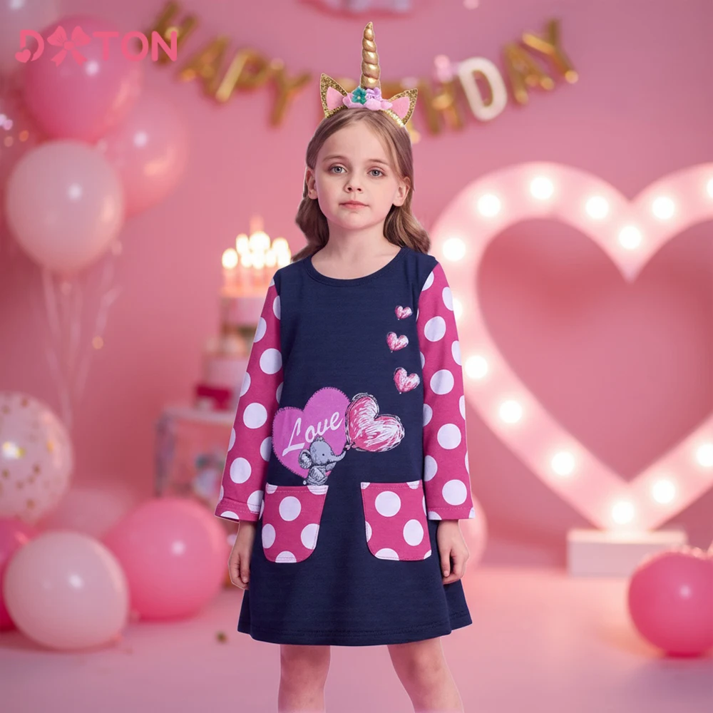 

DXTON Cotton Kids Clothing Polka Dots Long Sleeve Children Casual Dress Pocket Girls Dresses Heart Squirrel Toddler Daily Dress