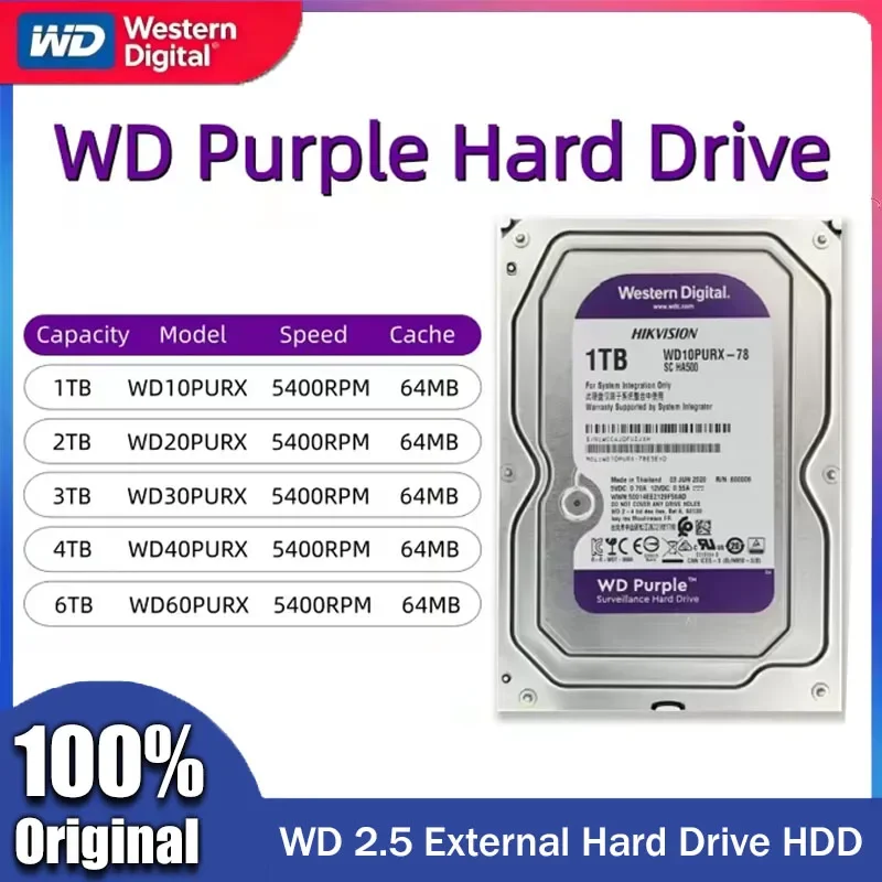 Original WD Purple 1TB 2TB 3TB 4TB 6TB Surveillance Hard Disk 3.5" SATA Enterprise Grade Monitoring HDD For Security Recorder