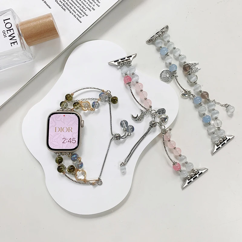 Luxury Crystal Beads Strap Correa for Apple Watch 44mm 45mm 41mm 40 49 Link Bracelet for iWatch Band Series 9 8 7 SE 6 5 3 Ultra