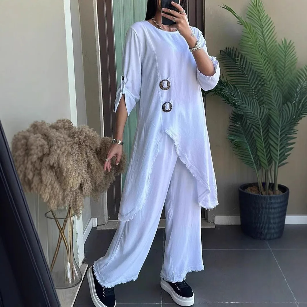 

Spring Cotton Linen Oversized Women Set O-neck Long Sleeve Irregular Loose Robe Trousers 2-piece Suits Casual Outfit Women's
