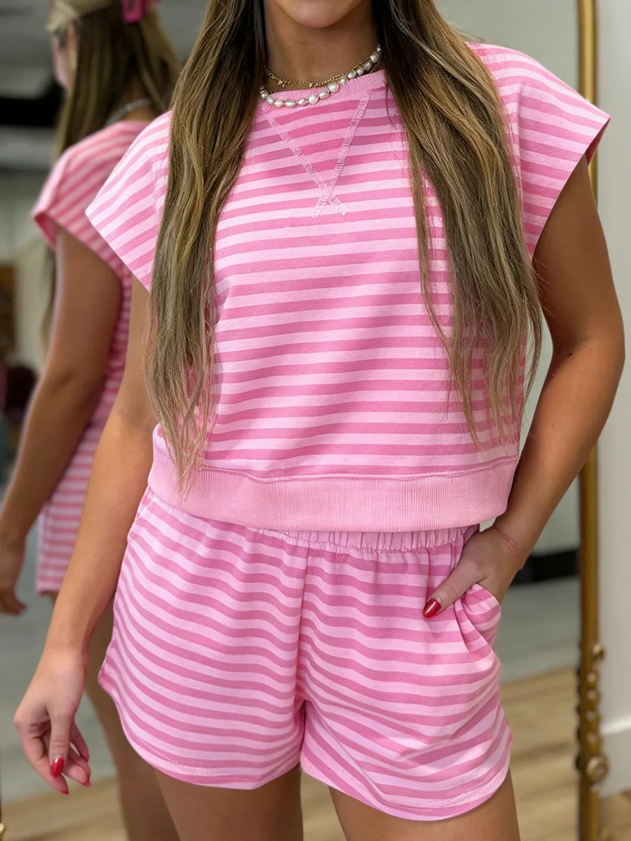 

Летний женский комплект из 2 предметов: ярко-розовый полосатый укороченный топ и шорты, безрукавная блузка, эластичные повседневные спортивные брюки с высокой талией, стиль Y2K