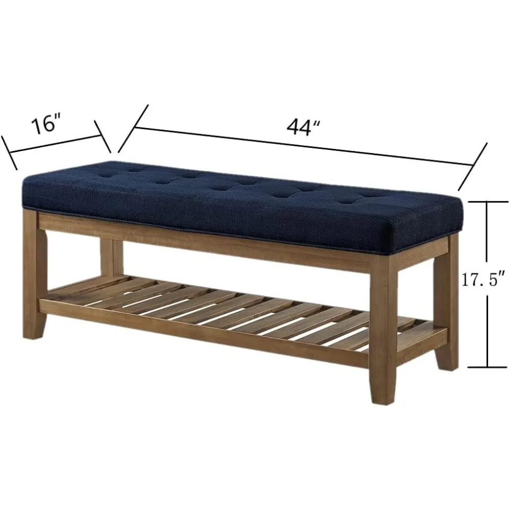 Large Rectangular Upholstered Tufted Linen Fabric Ottoman Bench, Padded Bench with Solid Wood Shelf-Navy Blue