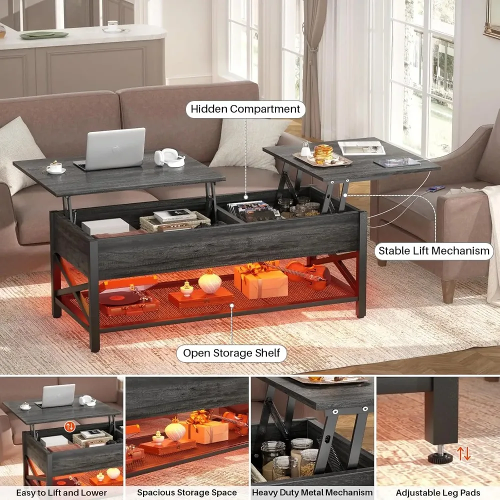 Lift Top Coffee Center Table with LED Light and Power Outlet,Modern Table with Storage Shelf for Living Room,Metal Frame.
